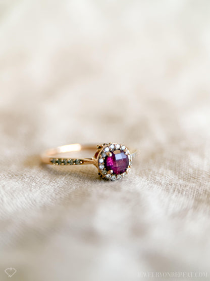 Vintage Garnet and Diamond Halo Engagement Ring, Round Cut, 14k Rose Gold Bridal Ring