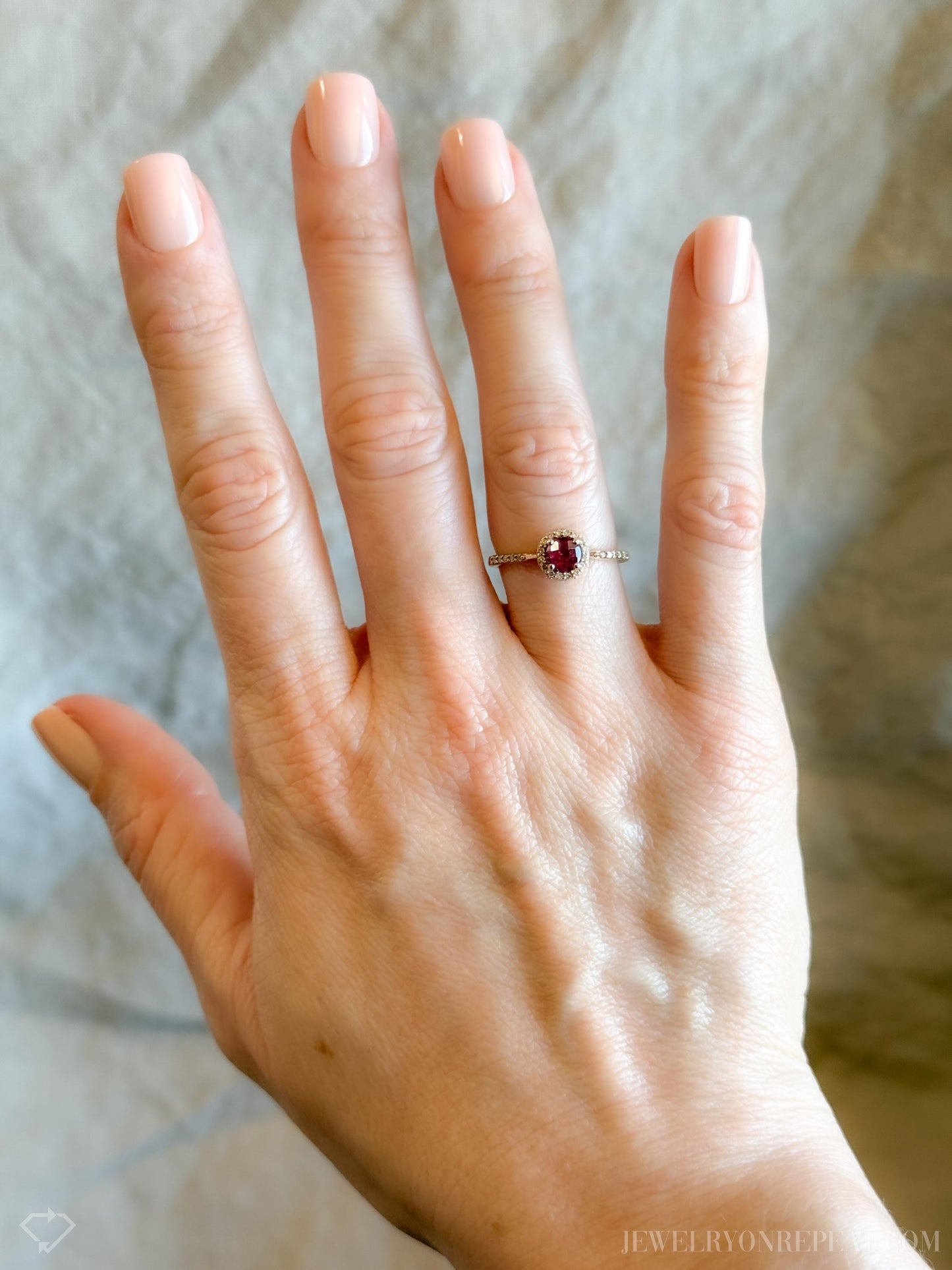 Vintage Garnet and Diamond Halo Engagement Ring, Round Cut, 14k Rose Gold, Checkerboard Gemstone Bridal Ring