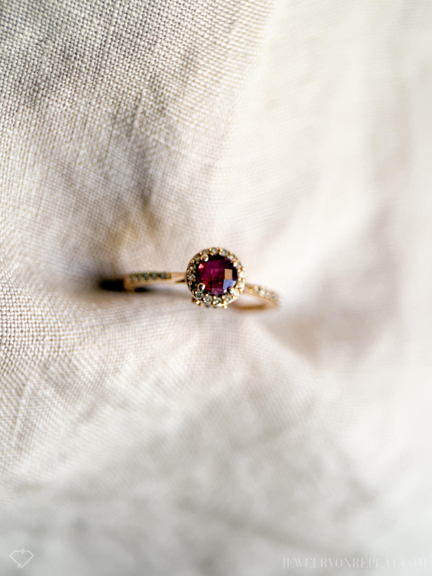 Vintage Garnet and Diamond Halo Engagement Ring, Round Cut, 14k Rose Gold, Checkerboard Gemstone Bridal Ring