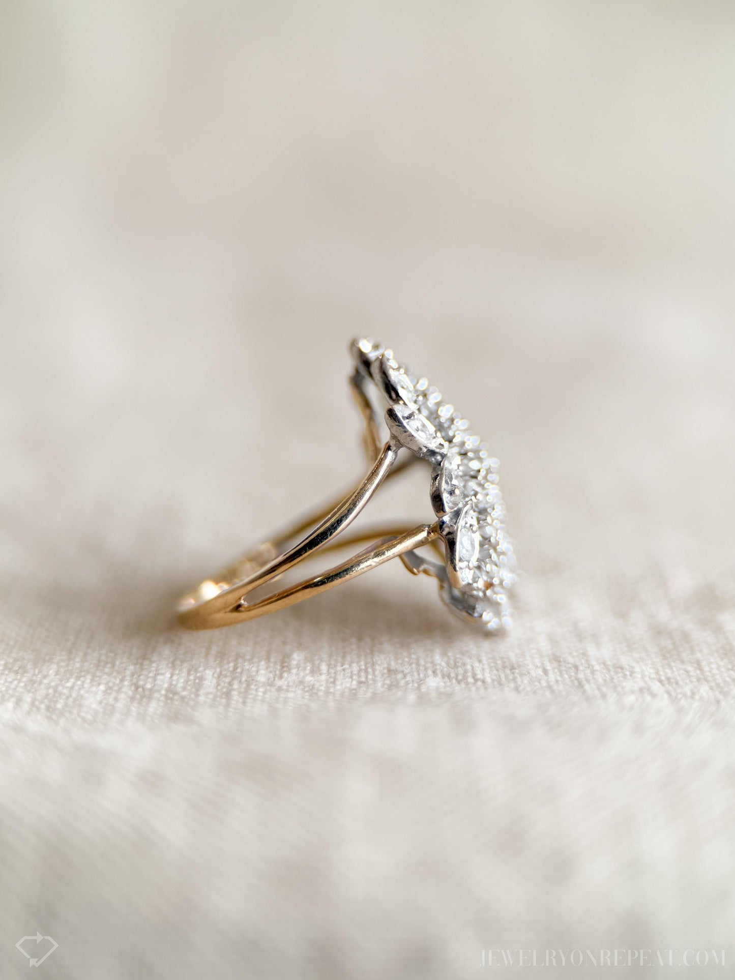 Vintage Diamond Engagement Ring, Round Cut, 14k Gold, 1990s Floral Cluster Ring
