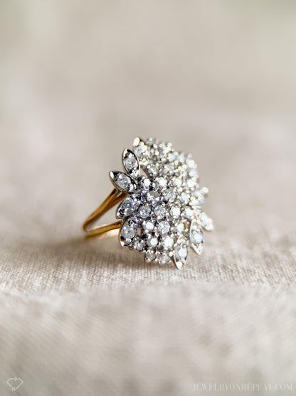 Vintage Diamond Engagement Ring, Round Cut, 14k Gold, 1990s Floral Cluster Ring