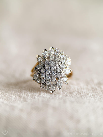 Vintage Diamond Engagement Ring, Round Cut, 14k Gold, 1990s Floral Cluster Ring