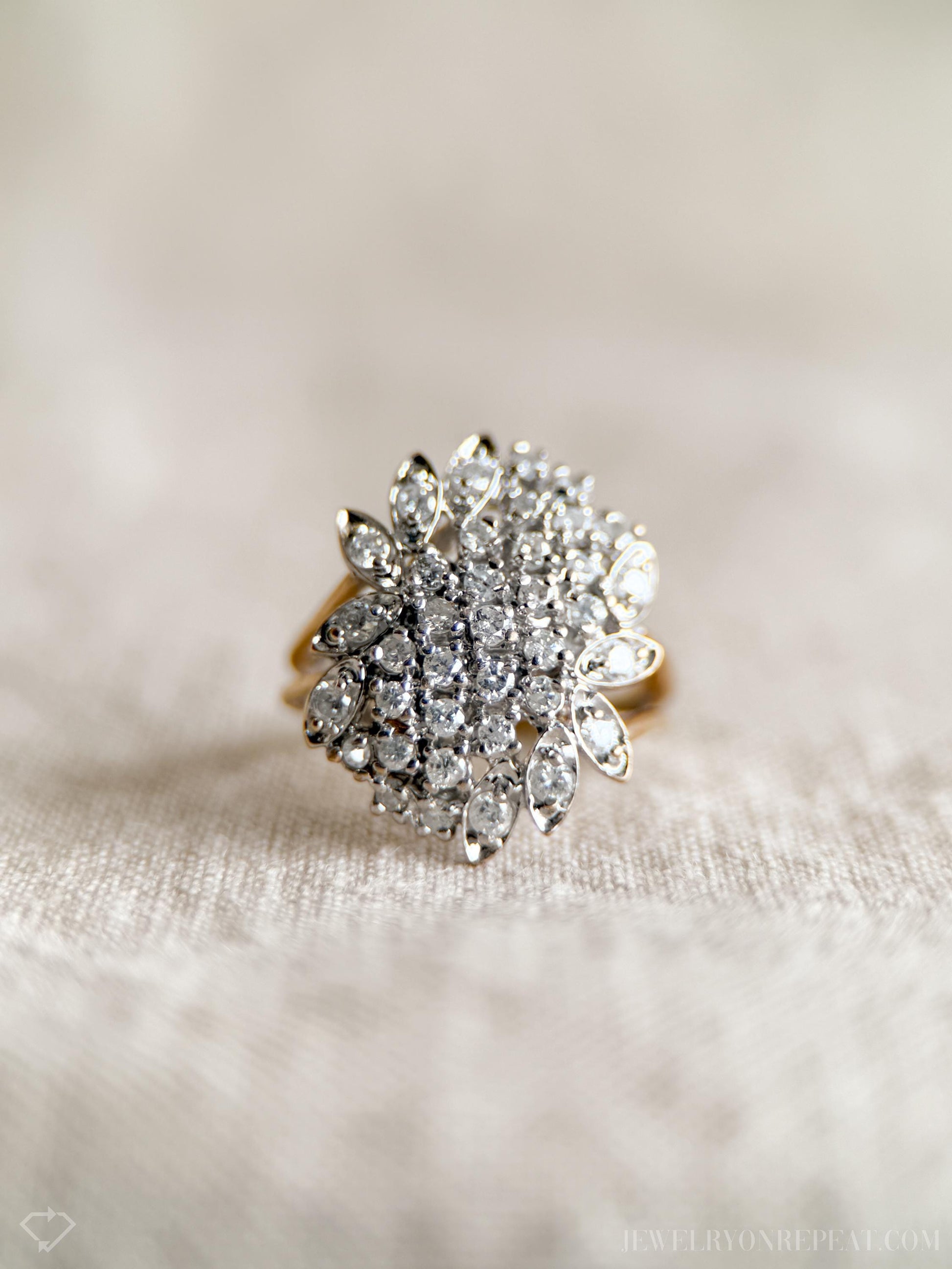 Vintage Diamond Engagement Ring, Round Cut, 14k Gold, 1990s Floral Cluster Ring