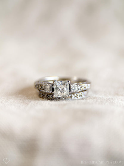 Vintage Diamond Engagement & Wedding Ring, Princess Cut, 14k White Gold, 1990s Three-Stone, Bridal Set