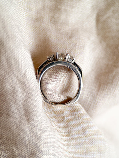 Vintage Diamond Engagement & Wedding Ring, Princess Cut, 14k White Gold, 1990s Three-Stone, Bridal Set
