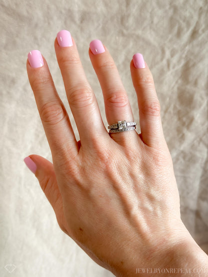 Vintage Diamond Engagement & Wedding Ring, Princess Cut, 14k White Gold, 1990s Three-Stone, Bridal Set