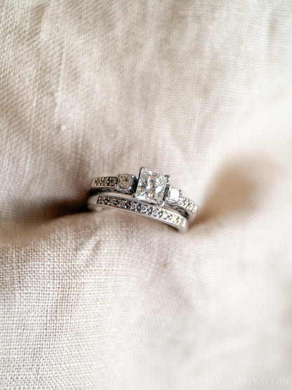 Vintage Diamond Engagement & Wedding Ring, Princess Cut, 14k White Gold, 1990s Three-Stone, Bridal Set