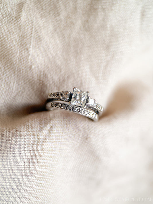 Vintage Diamond Engagement & Wedding Ring, Princess Cut, 14k White Gold, 1990s Three-Stone, Bridal Set