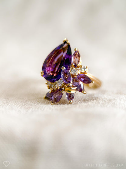 Vintage 1980s Amethyst & Diamond Cluster Ring in 14k Gold