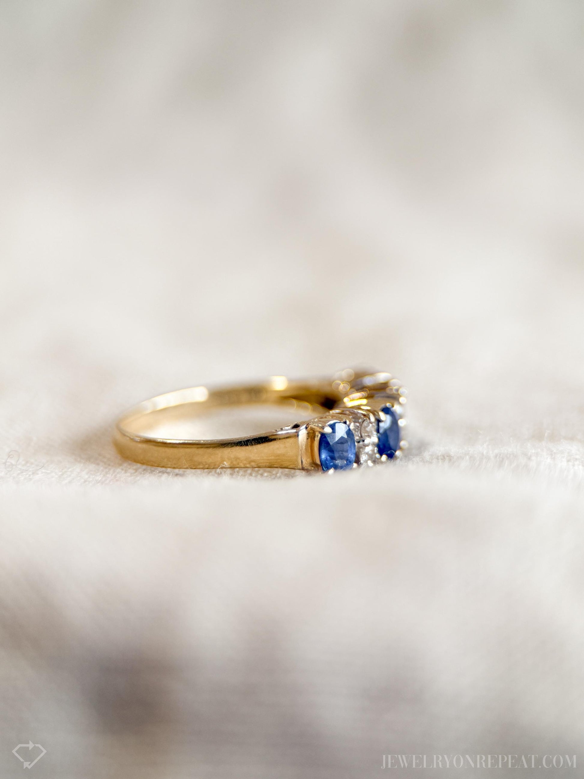 Vintage Sapphire and Diamond Anniversary Band, 14k Gold, Oval Cut Prong Set Stacking Band