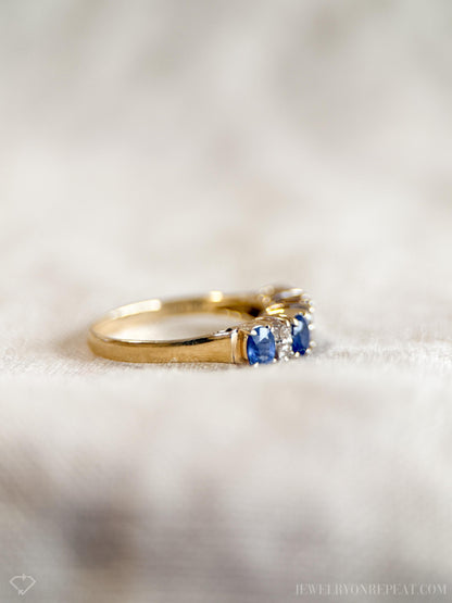 Vintage Sapphire and Diamond Anniversary Band, 14k Gold, Oval Cut Prong Set Stacking Band