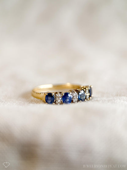 Vintage Sapphire and Diamond Anniversary Band, 14k Gold, Oval Cut Prong Set Stacking Band