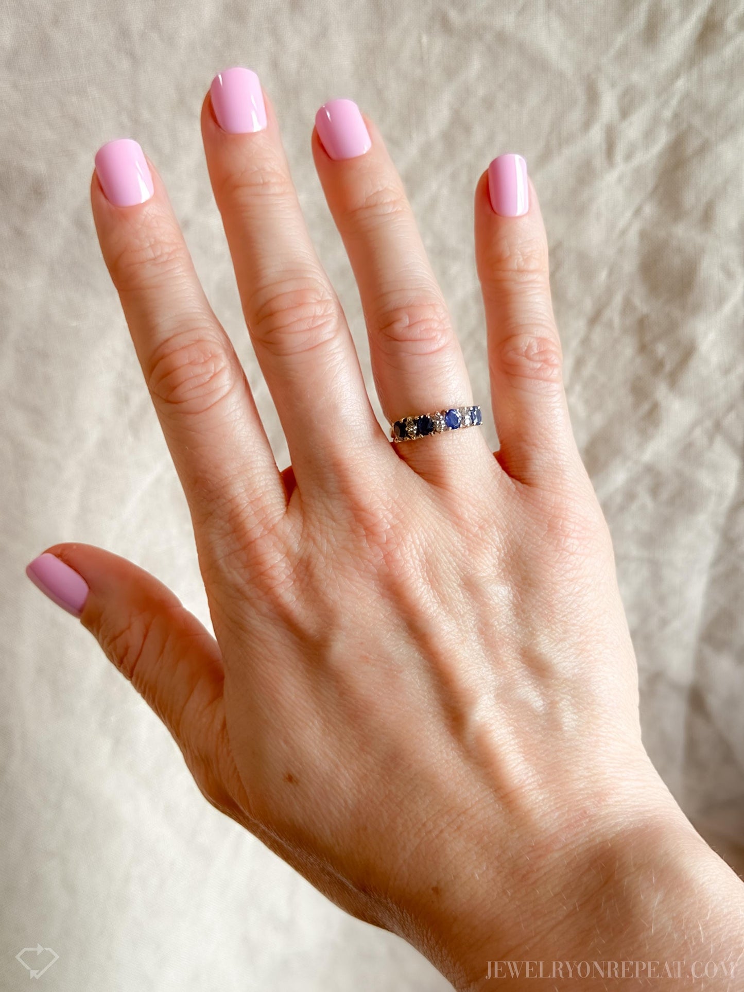 Vintage Sapphire and Diamond Anniversary Band, 14k Gold, Oval Cut Prong Set Stacking Band