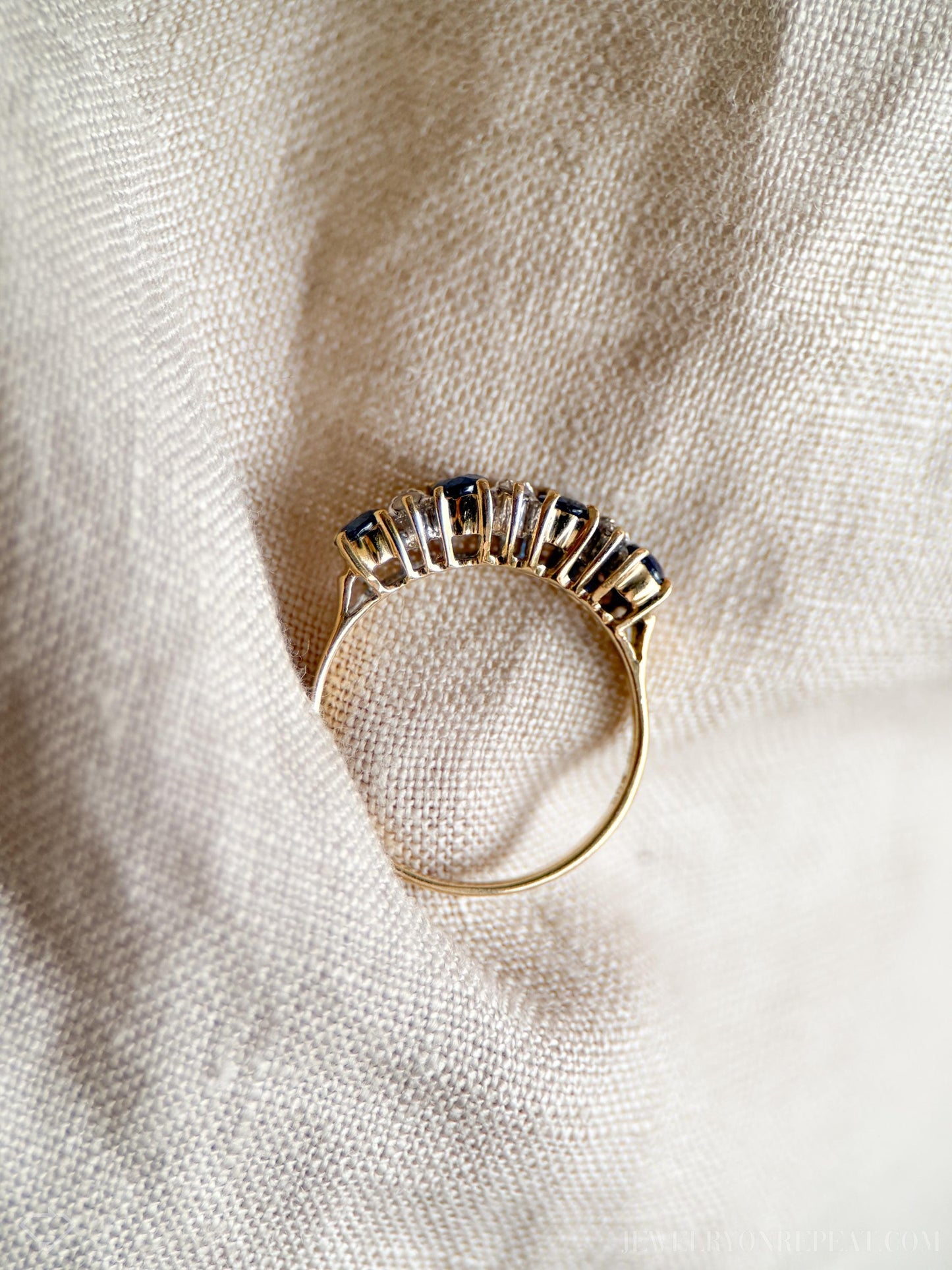 Vintage Sapphire and Diamond Anniversary Band, 14k Gold, Oval Cut Prong Set Stacking Band