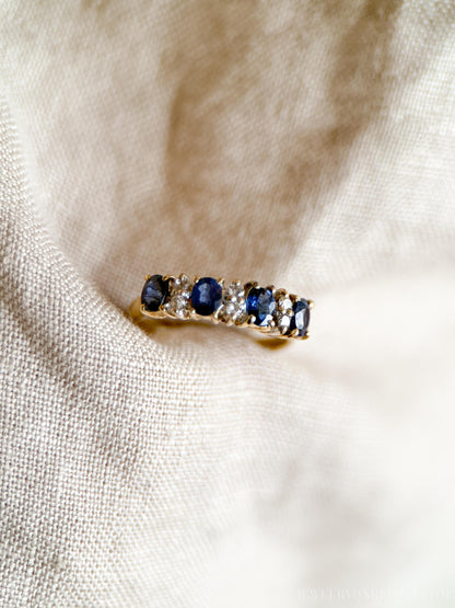 Vintage Sapphire and Diamond Anniversary Band, 14k Gold, Oval Cut Prong Set Stacking Band