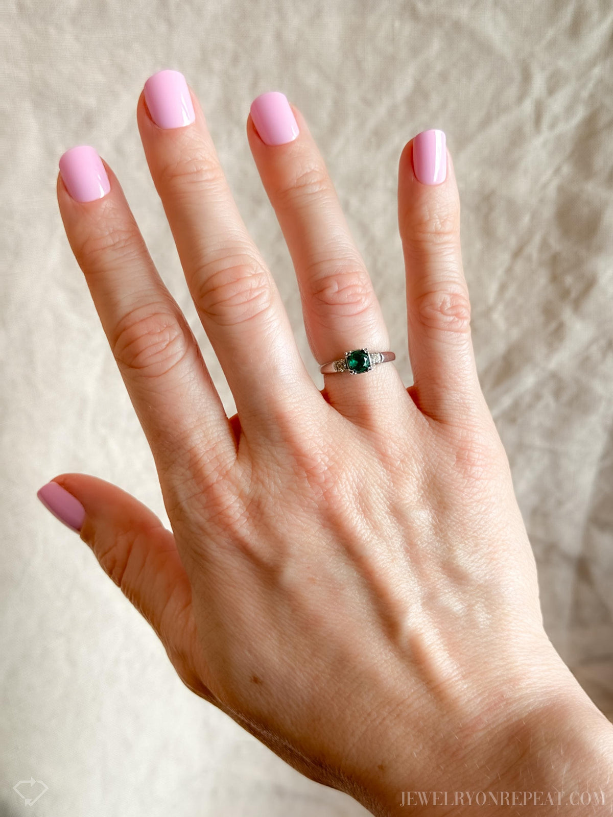 Vintage Emerald Engagement Ring, Round Cut, Platinum, Alternative Bridal Ring