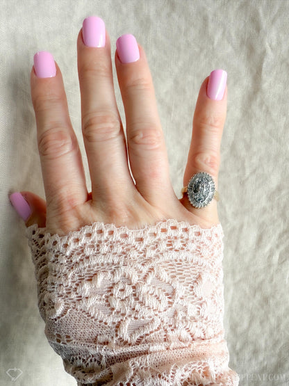 Vintage 1990s Diamond Engagement Ring, 14k Gold Cluster Halo Design • One-of-a-kind Bridal Jewelry