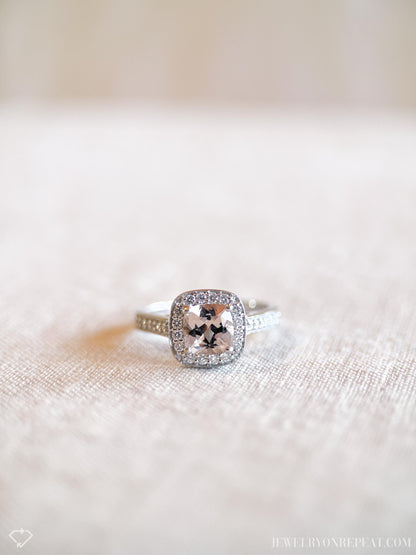 Vintage Morganite & Diamond Engagement Ring, Cushion Cut, 14k White Gold, 2000s Halo Bridal Ring