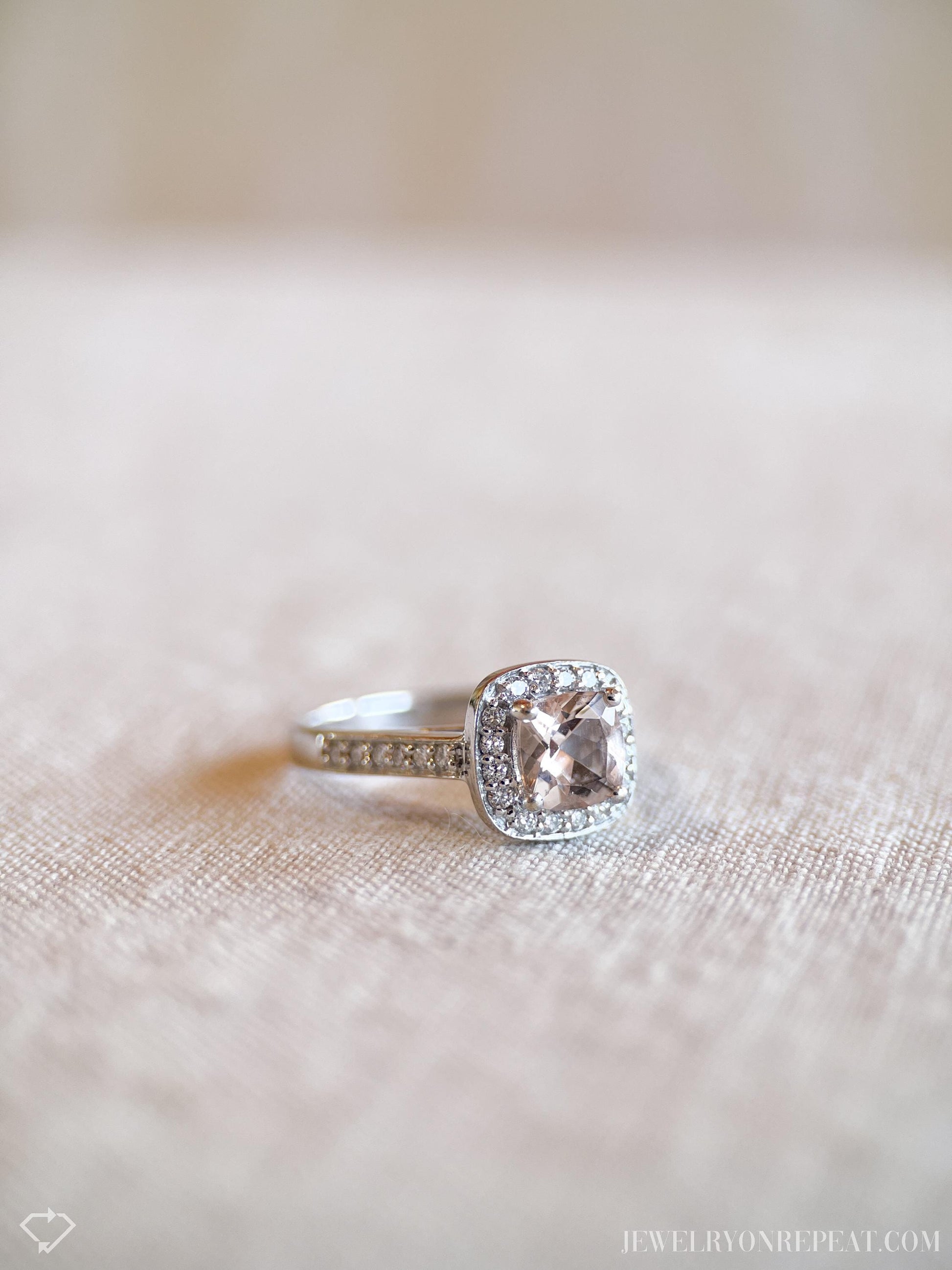 Vintage Morganite & Diamond Engagement Ring, Cushion Cut, 14k White Gold, 2000s Halo Bridal Ring