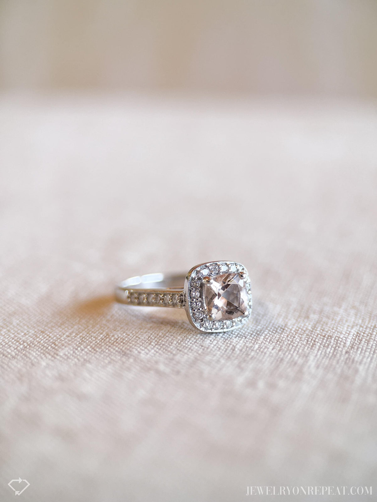 Vintage Morganite & Diamond Engagement Ring, Cushion Cut, 14k White Gold, 2000s Halo Bridal Ring