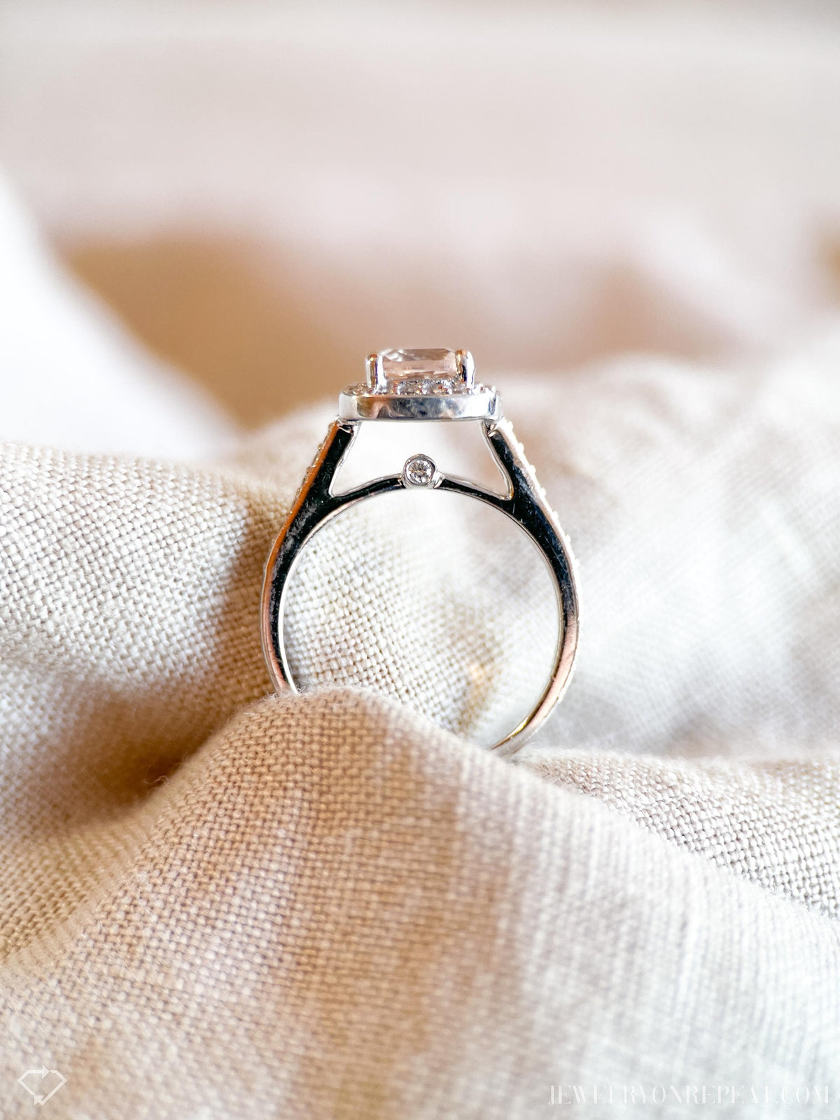 Vintage Morganite & Diamond Engagement Ring, Cushion Cut, 14k White Gold, 2000s Halo Bridal Ring