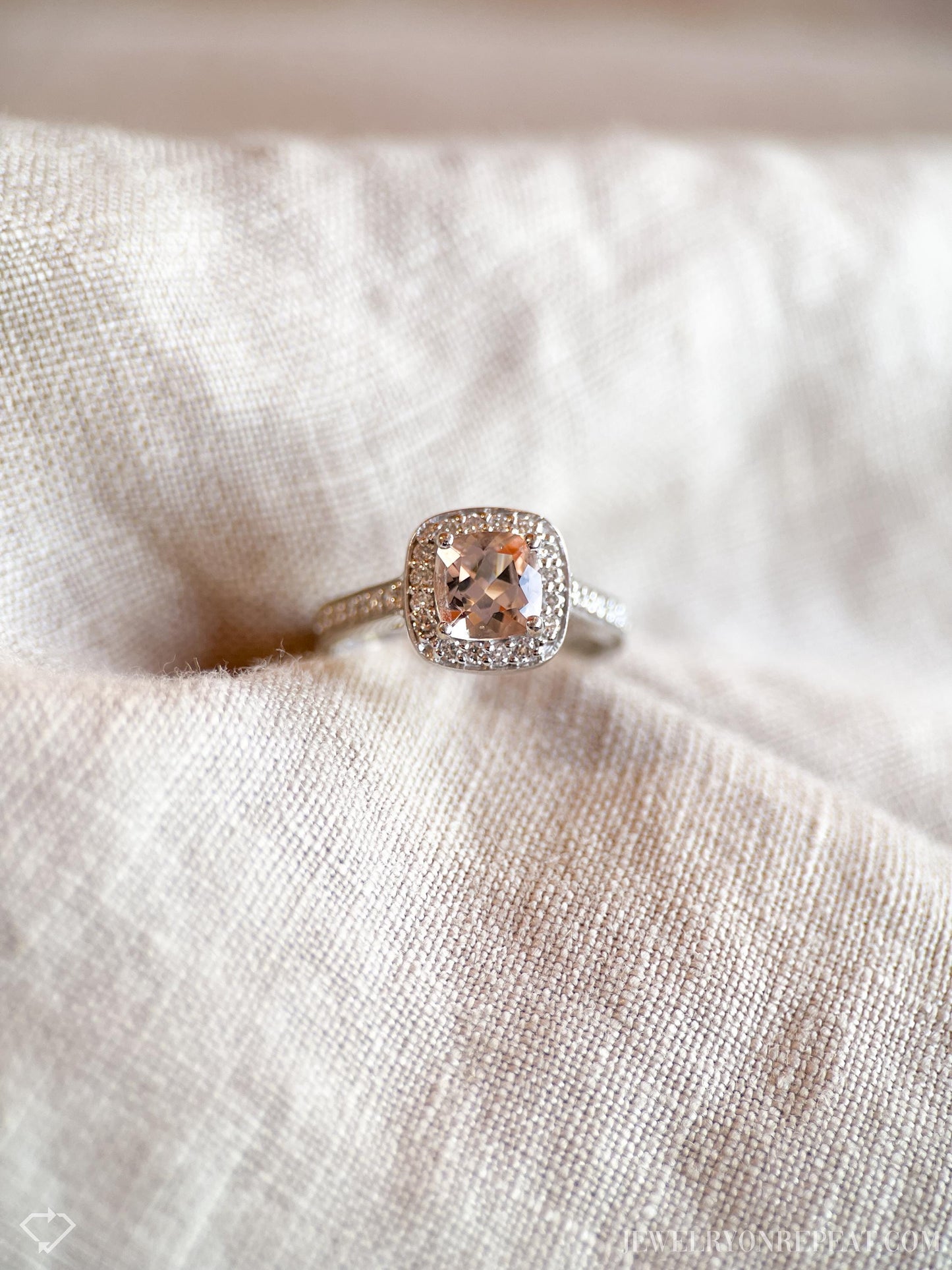 Vintage Morganite & Diamond Engagement Ring, Cushion Cut, 14k White Gold, 2000s Halo Bridal Ring