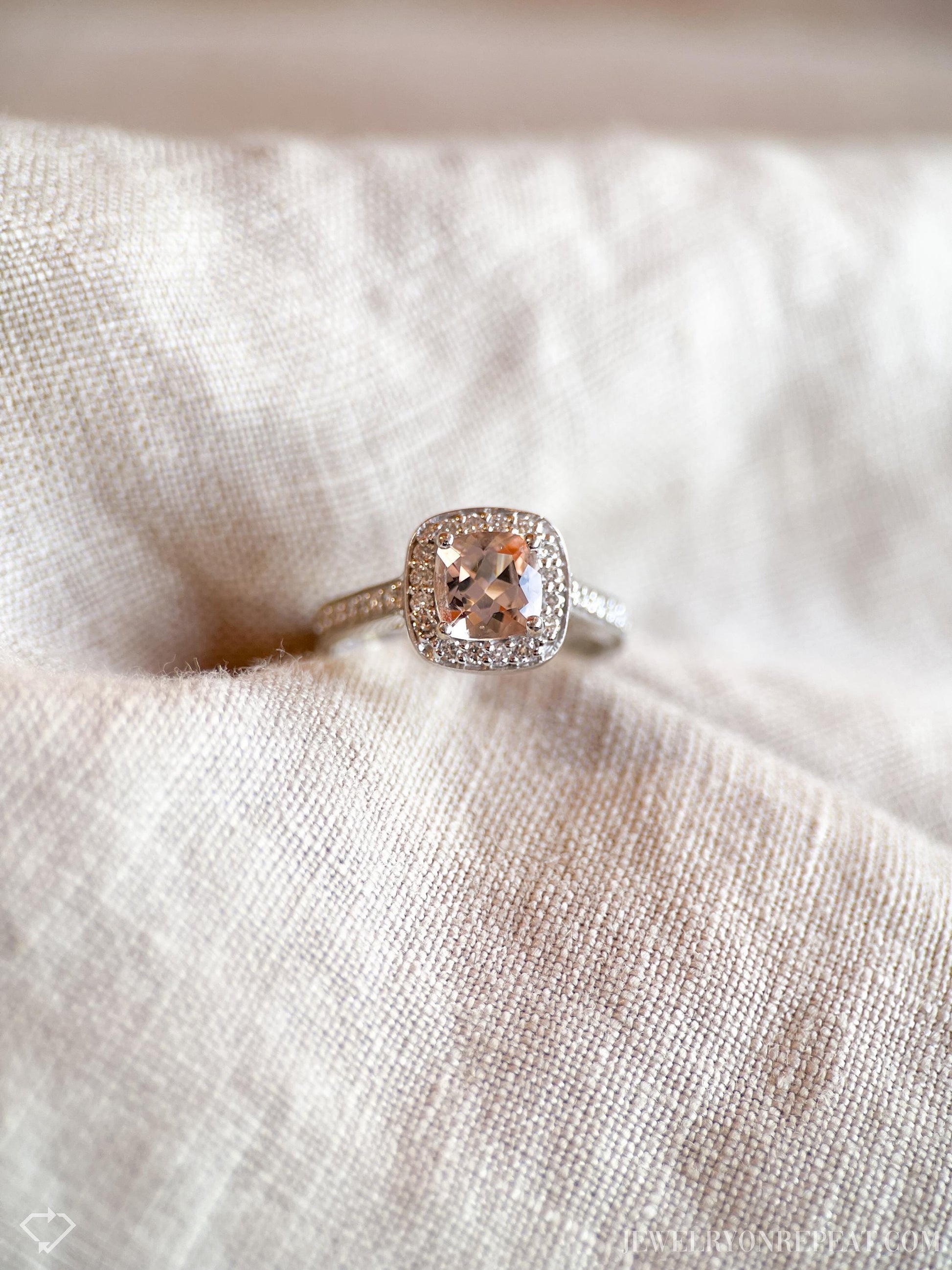 Vintage Morganite & Diamond Engagement Ring, Cushion Cut, 14k White Gold, 2000s Halo Bridal Ring