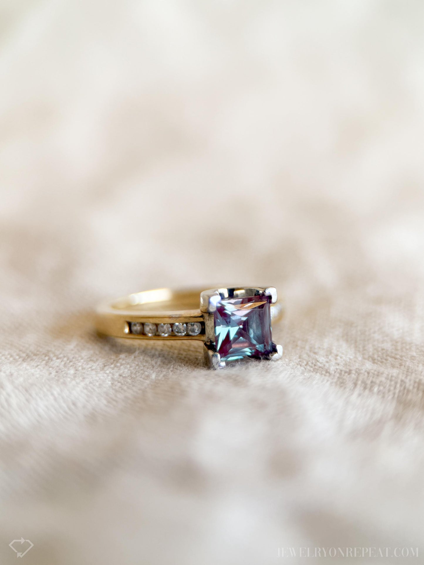 Vintage Alexandrite and Diamond Engagement Ring, Square Cut, 10k Gold Channel Alternative Bridal Ring