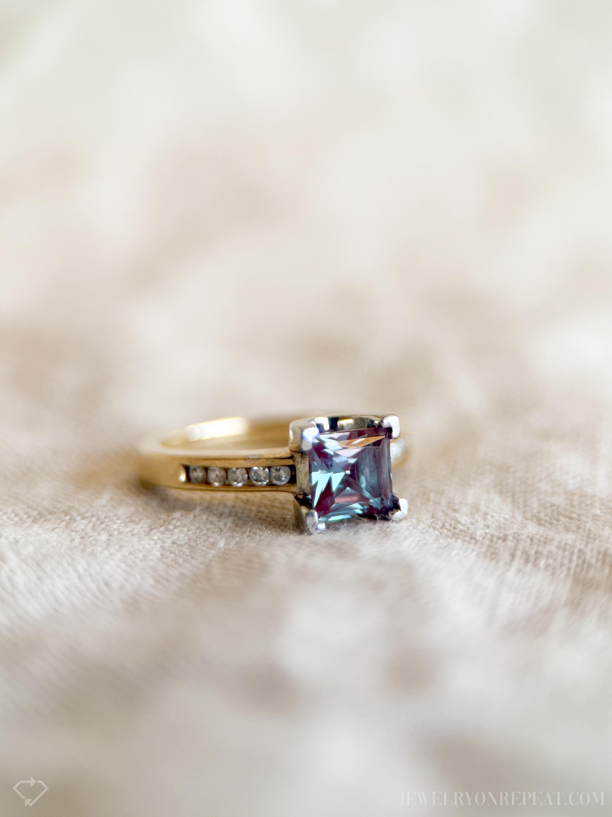 Vintage Alexandrite and Diamond Engagement Ring, Square Cut, 10k Gold Channel Alternative Bridal Ring