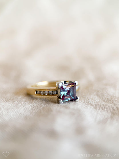 Vintage Alexandrite and Diamond Engagement Ring, Square Cut, 10k Gold Channel Alternative Bridal Ring