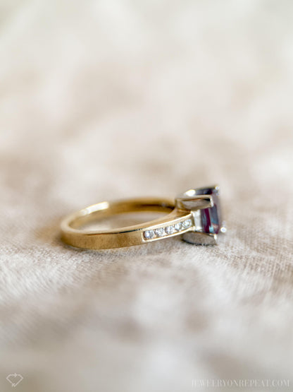 Vintage Alexandrite and Diamond Engagement Ring, Square Cut, 10k Gold Channel Alternative Bridal Ring