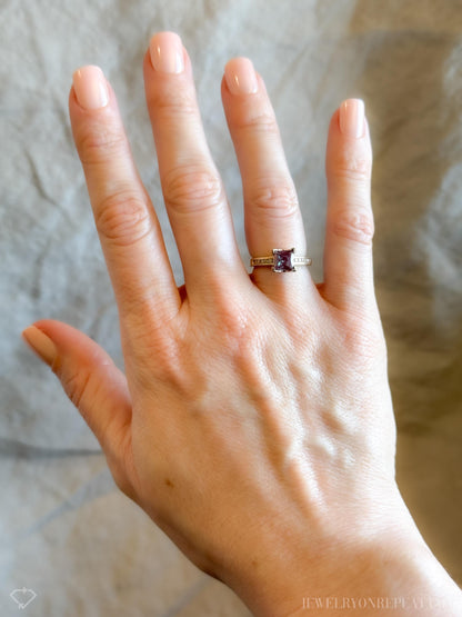 Vintage Alexandrite and Diamond Engagement Ring, Square Cut, 10k Gold Channel Alternative Bridal Ring
