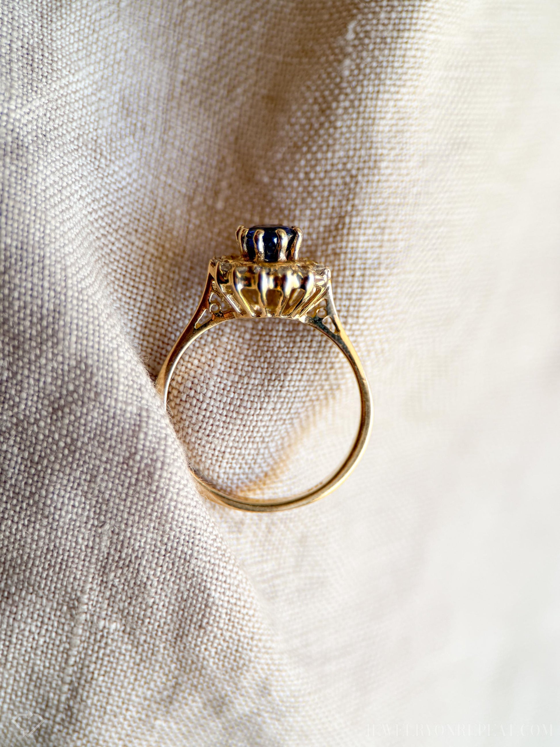 Vintage Sapphire and Diamond Halo Engagement Ring, Round Cut, 14k Gold, Bridal Ring