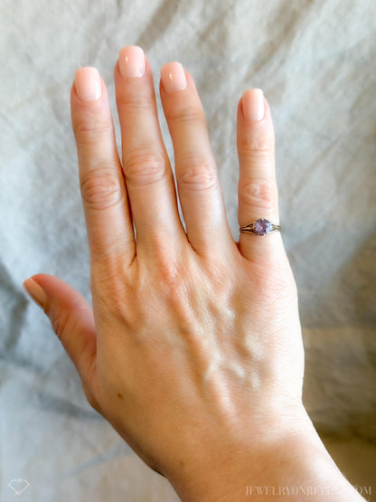 Vintage Amethyst Solitaire Ring, 14k Gold, Dainty Filigree February Birthstone Ring