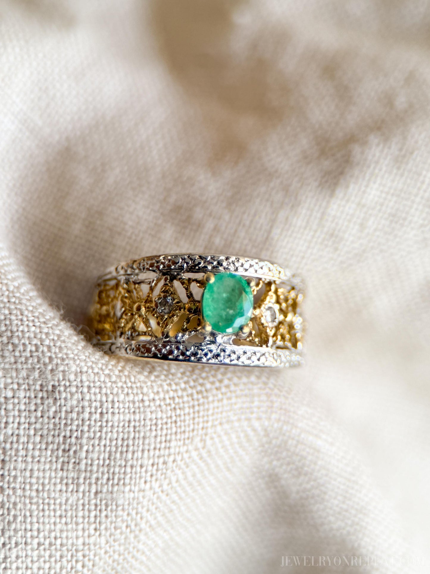 Vintage Emerald and Diamond Ring, 10k Gold, Filigree Band Statement Ring, Bold Gemstone Jewelry