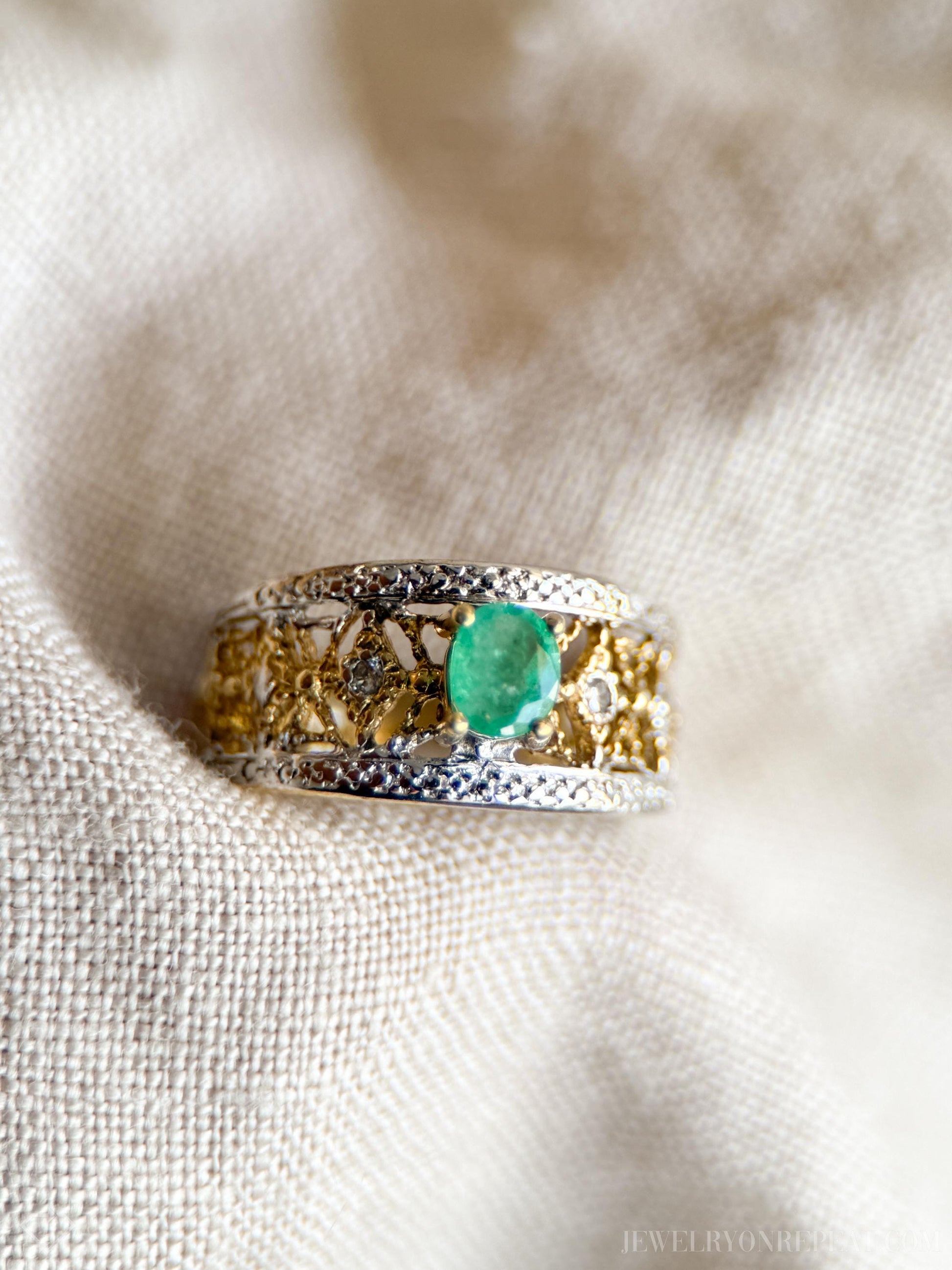 Vintage Emerald and Diamond Ring, 10k Gold, Filigree Band Statement Ring, Bold Gemstone Jewelry