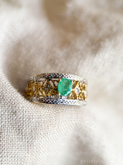 Vintage Emerald and Diamond Ring, 10k Gold, Filigree Band Statement Ring, Bold Gemstone Jewelry