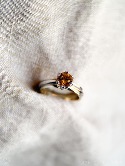Vintage Yellow Garnet Engagement Ring, Round Cut, 14k White Gold, 1990s Solitaire Prong Setting