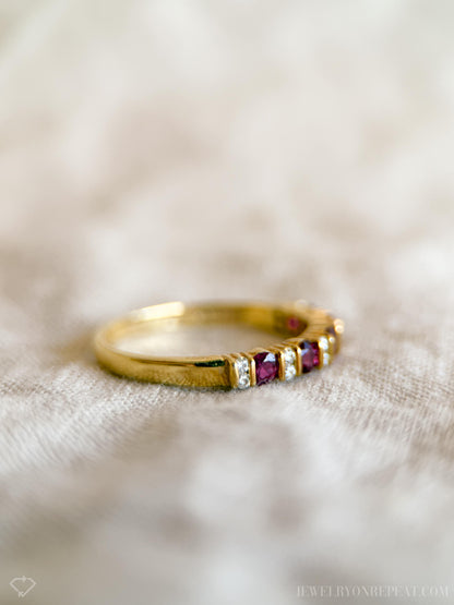 Vintage Ruby and Diamond Wedding Band 18k Gold, Prong Set Anniversary Ring, Stacking Band