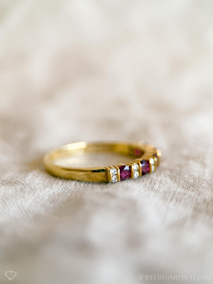 Vintage Ruby and Diamond Wedding Band 18k Gold, Prong Set Anniversary Ring, Stacking Band