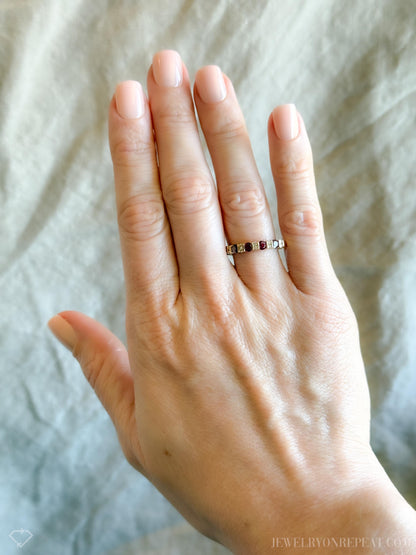 Vintage Ruby and Diamond Wedding Band 18k Gold, Prong Set Anniversary Ring, Stacking Band