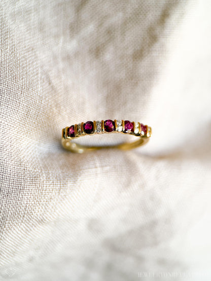 Vintage Ruby and Diamond Wedding Band 18k Gold, Prong Set Anniversary Ring, Stacking Band