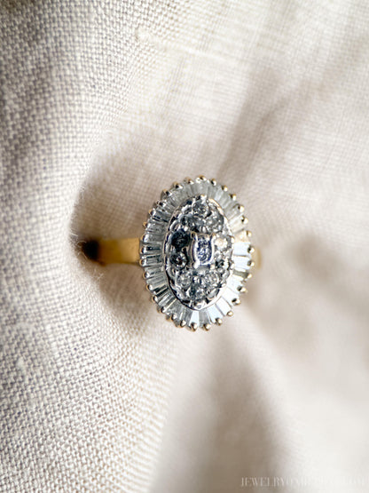 Vintage 1990s Diamond Engagement Ring, 14k Gold Cluster Halo Design • One-of-a-kind Bridal Jewelry