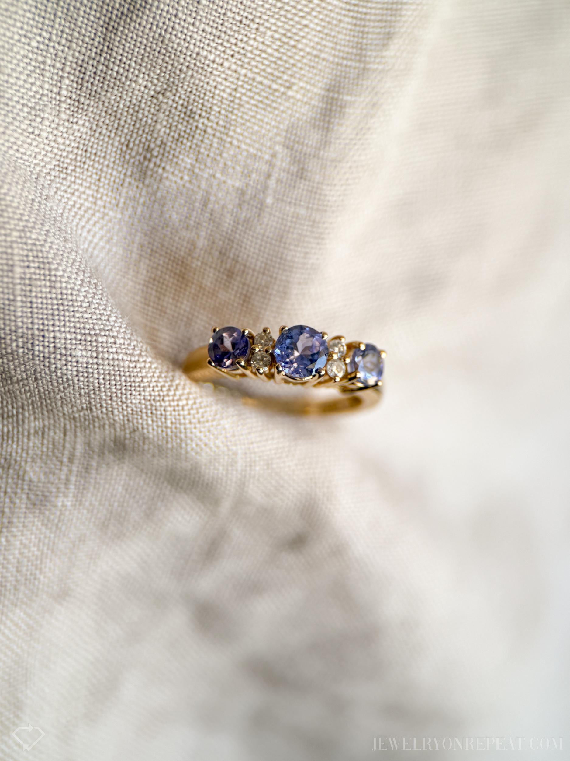 Vintage Tanzanite and Diamond Ring, 14k Gold, Prong Set Gemstone Band, Anniversary Ring