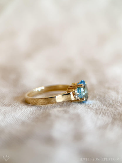 Vintage Blue Topaz and Diamond Engagement Ring, Oval Cut, 14k Gold, Alternative Bridal Ring