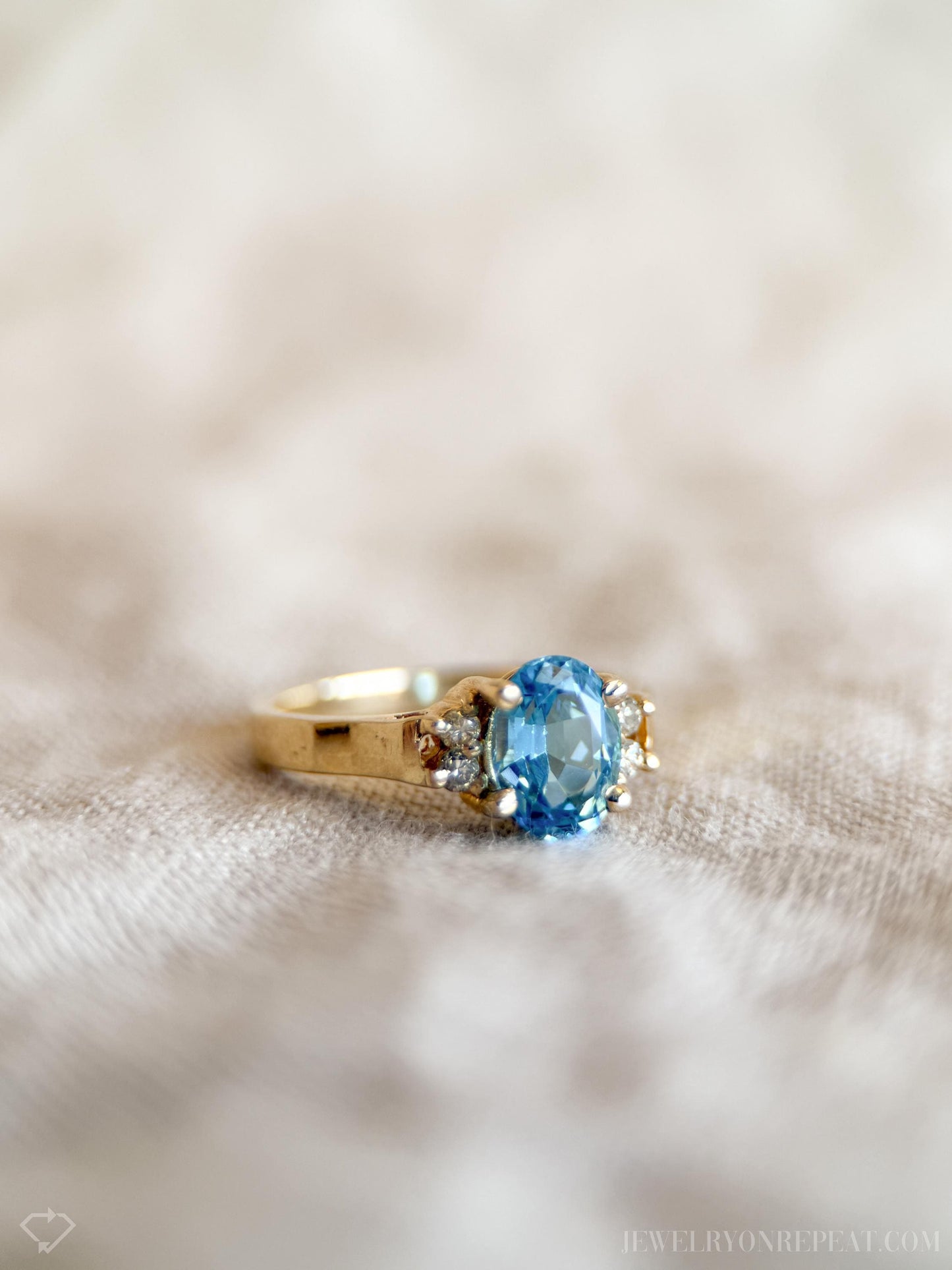 Vintage Blue Topaz and Diamond Engagement Ring, Oval Cut, 14k Gold, Alternative Bridal Ring