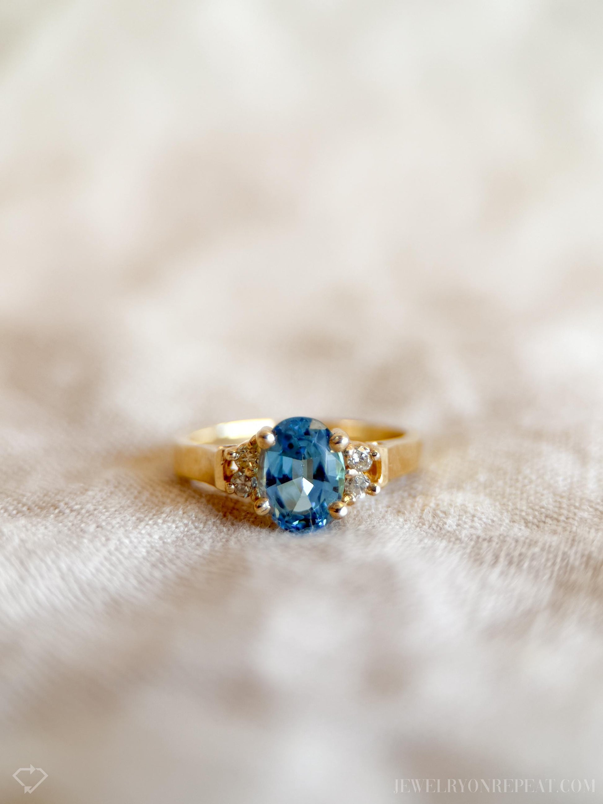 Vintage Blue Topaz and Diamond Engagement Ring, Oval Cut, 14k Gold, Alternative Bridal Ring