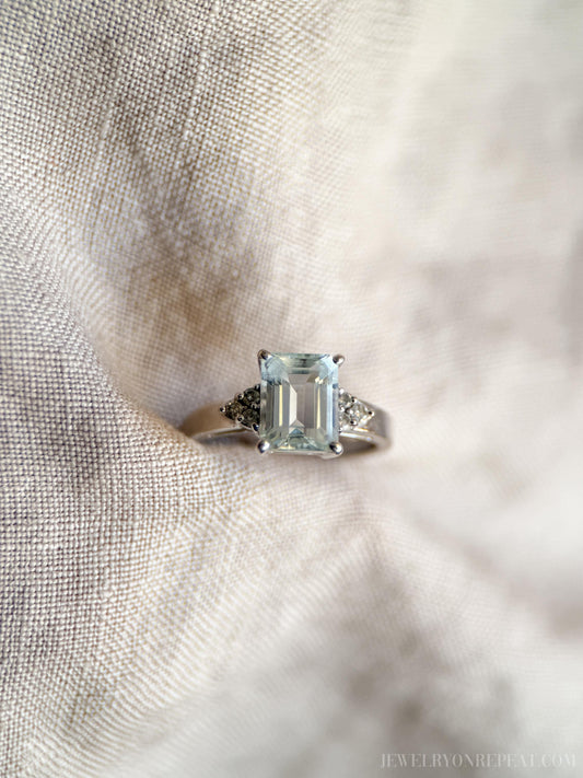 Vintage Emerald Cut Aquamarine and Diamond Ring in 14k White Gold, Retro Jewelry from the 1990s - Timeless, Sustainable, @JewelryOnRepeat