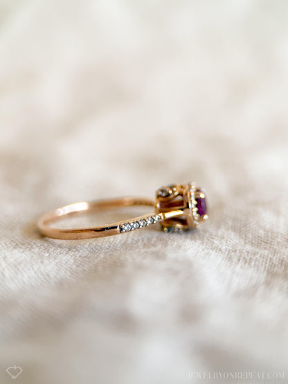 Vintage Garnet and Diamond Halo Engagement Ring, Round Cut, 14k Rose Gold Bridal Ring