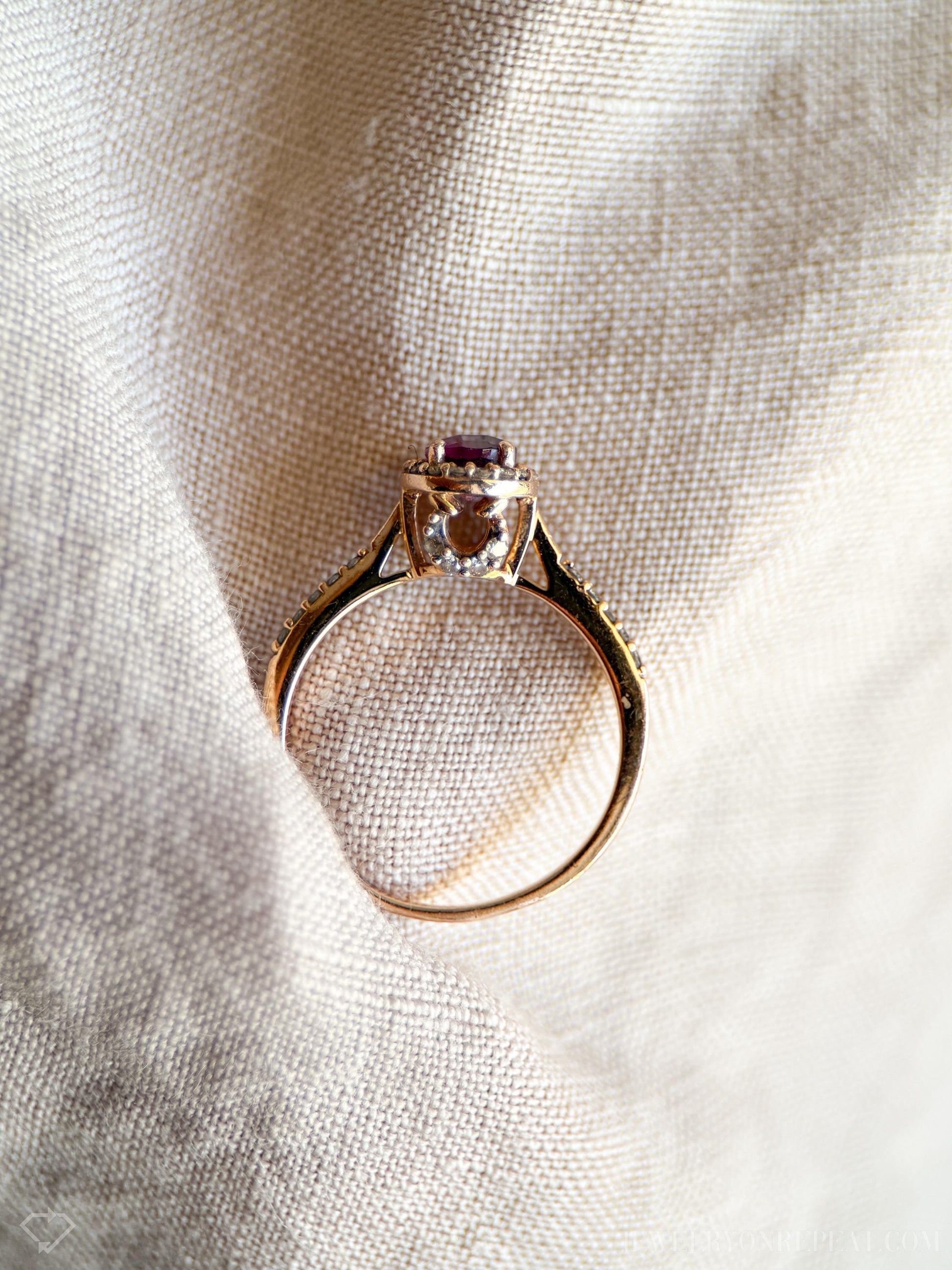 Vintage Garnet and Diamond Halo Engagement Ring, Round Cut, 14k Rose Gold, Checkerboard Gemstone Bridal Ring